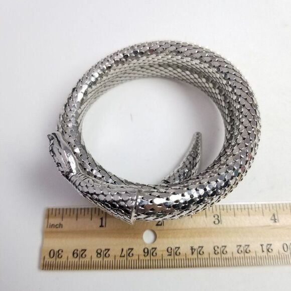 Vintage Triple Coil Snake Bangle Bracelet Silver Tone Scale Flexible Adjustable - Picture 4 of 5